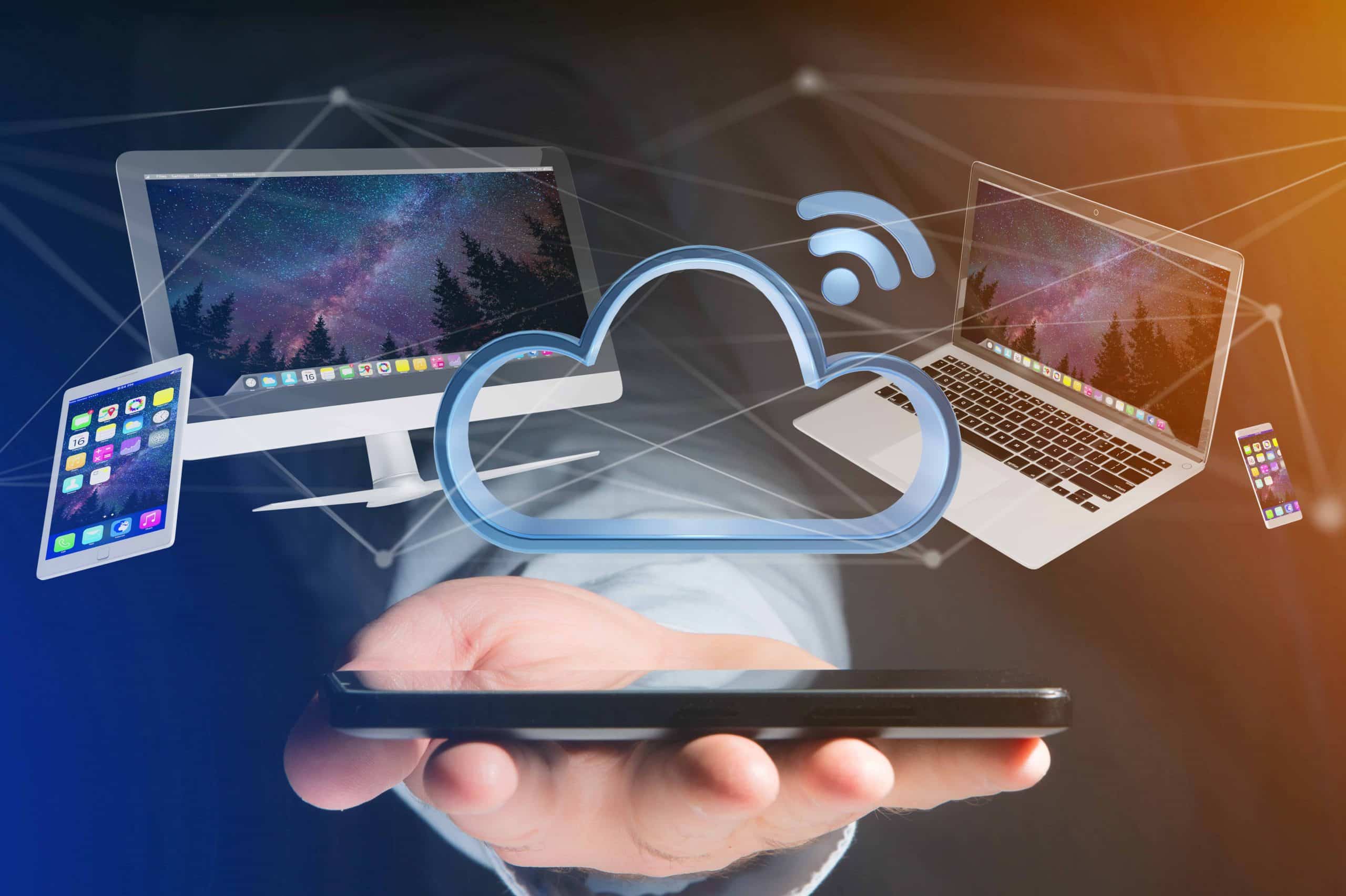 Devices like smartphone tablet or computer flying over connected cloud